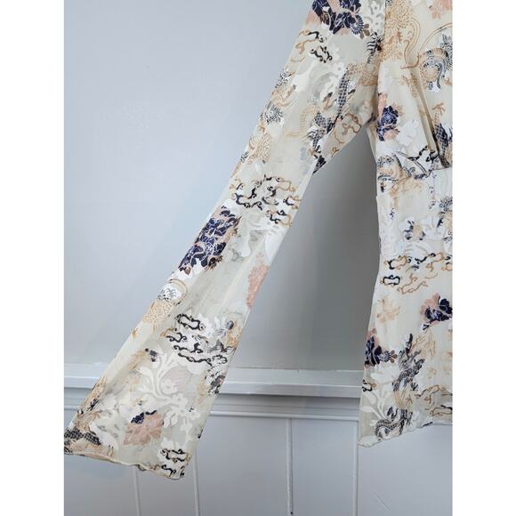 Wrapper Y2K Sheer Mesh Layered V Neck Bell Sleeve White Cream Floral Dragon Top - Picture 3 of 11